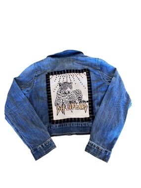 Garage Upcycled Denim Jacket with Bold Def Leppard Graphic Patch. Size Large.
